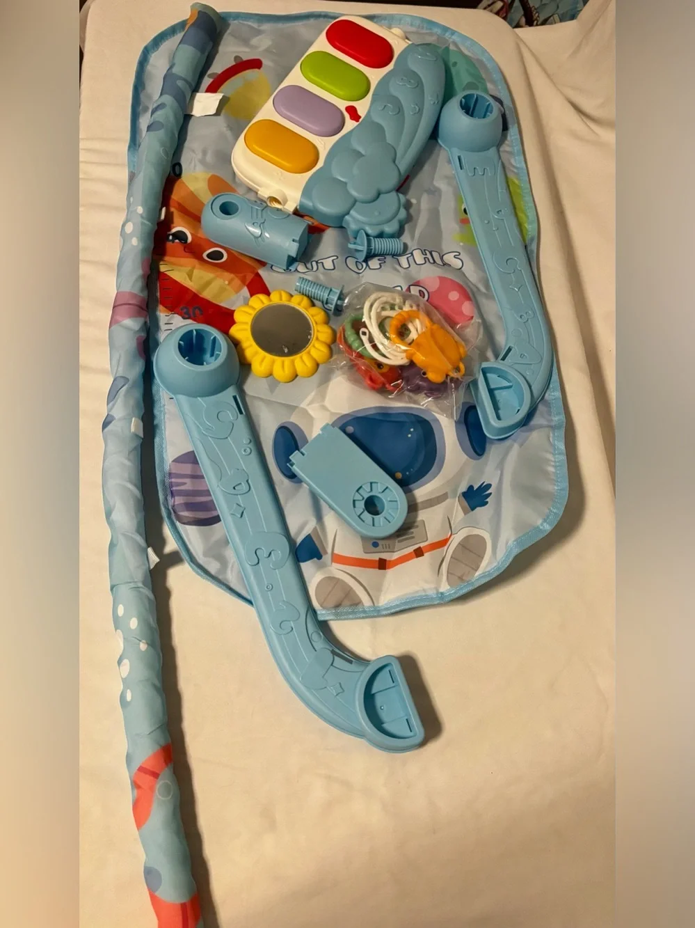 Baby Activity Gym Toy Play Mat with Blue Accessory Arms and Colorful Toys